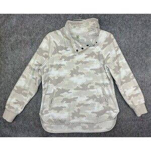Green Tea Pullover Women's L Beige Camo Fleece Asymmetrical Snap Collar Pockets